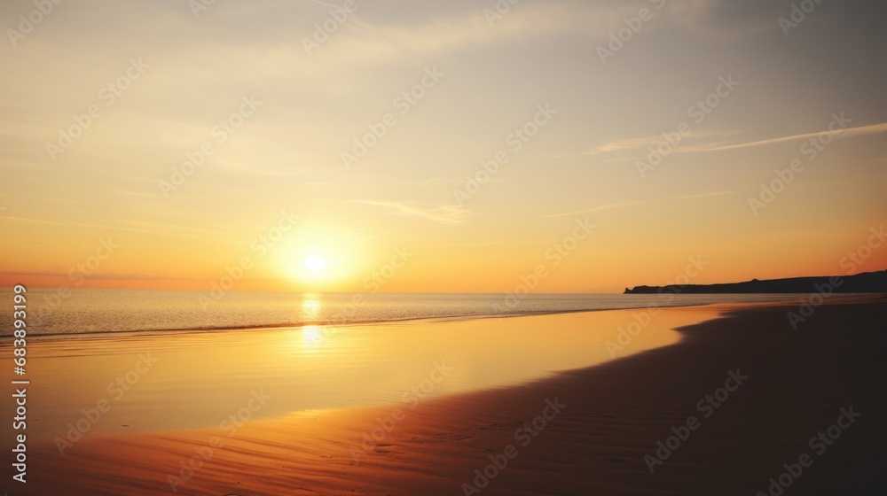 The vibrant Sun Orange hue of a beach at sunset, with the sun dipping below the horizon casting a luminous glow on the smooth, reflective sands