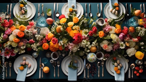 Elaborate Easter Brunch Table with Dyed Eggs and Spring Flowers