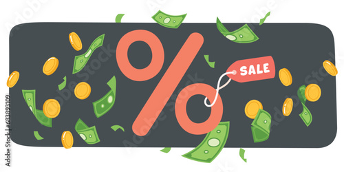 Sale discount percent promotion with money. Flying dollar banknotes, coins, special price discount percentage business offer. Advertising announcement, shopping concept flat vector illustration