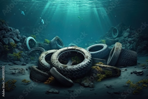 Pile of dirty garbage car tires and waste trash under sea water. Generative AI photo