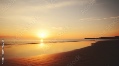The vibrant Sun Orange hue of a beach at sunset  with the sun dipping below the horizon casting a luminous glow on the smooth  reflective sands