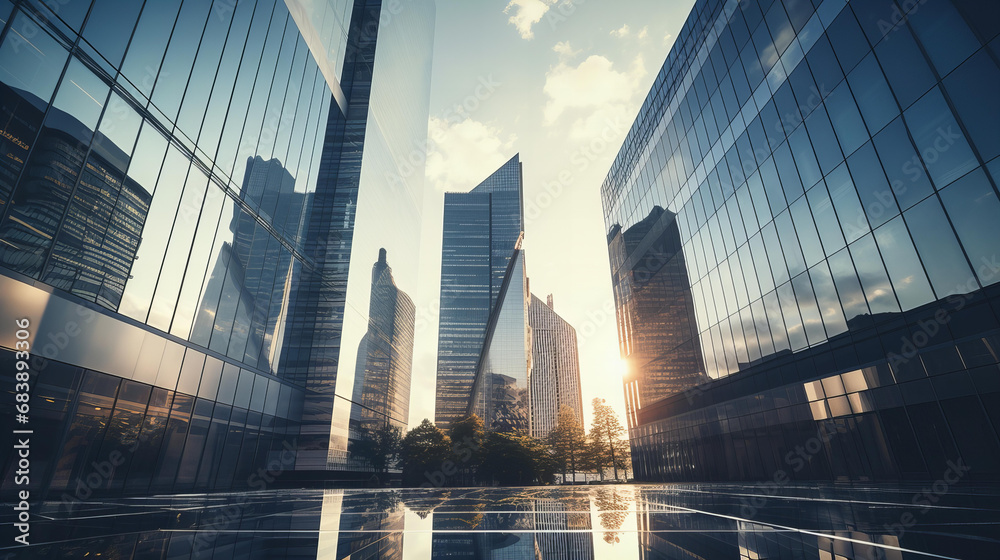 Modern Skyscrapers Reflecting Sunset in Business District Modern Skyscrapers Reflecting Sunset in Business District
