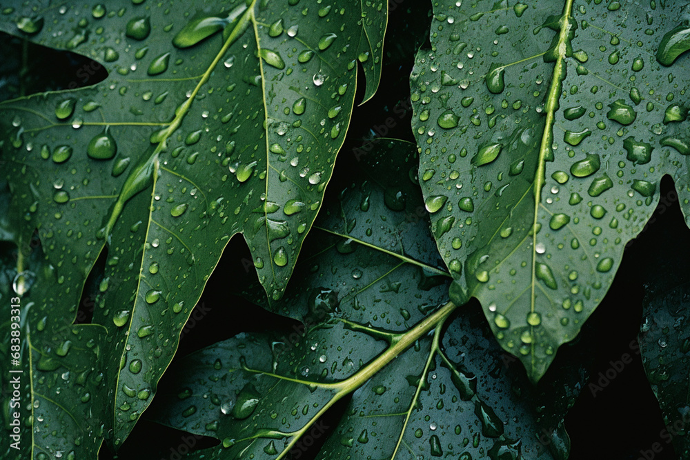 Fototapeta premium Close-up of leaves adorned with raindrops, creating abstract patterns and enhancing the organic textures of nature.