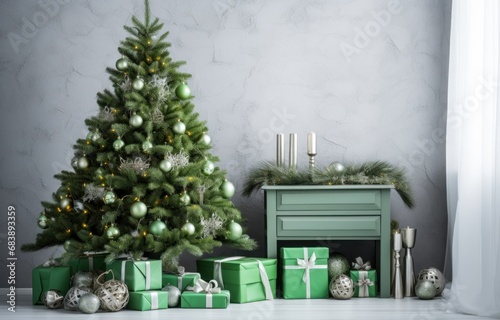 holiday room with green decorations – green christmas tree