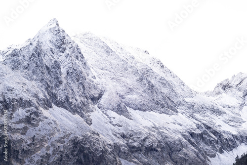 Rocky snow capped mountain called N  ouvielle massif en Hautes Pyrenees  France.