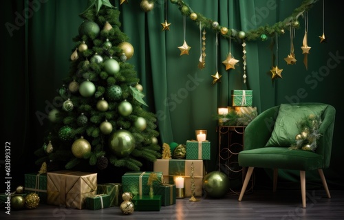 holiday room with green decorations – green christmas tree