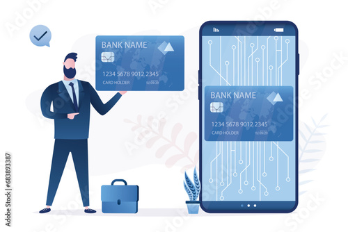 User or banker holds plastic  card. Contactless payment concept. virtual banking card in app of smartphone. Payments from mobile phone for services.