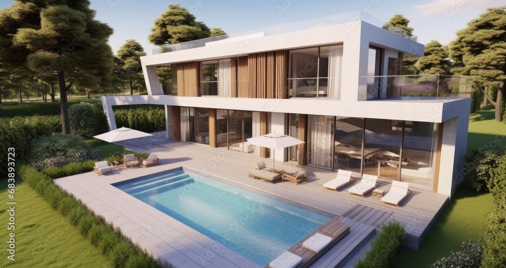 Big contemporary villa with pool and garden, Generative AI - obrazy, fototapety, plakaty 