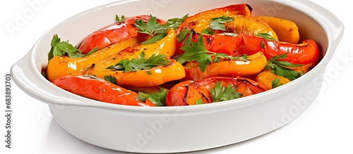 The appetizing dish, an isolated meal presented on a white background, showcases a vibrant blend of green leafy vegetables, roasted peppers, and fresh parsley sprinkled with a dash of paprika, all
