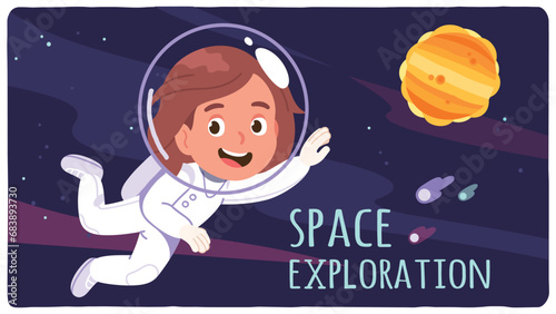 Astronaut girl kid in suit floating in outer space. Space exploration text, happy spacewoman cosmonaut child person with planet. Universe, galaxy, astronomy concept poster flat vector illustration 