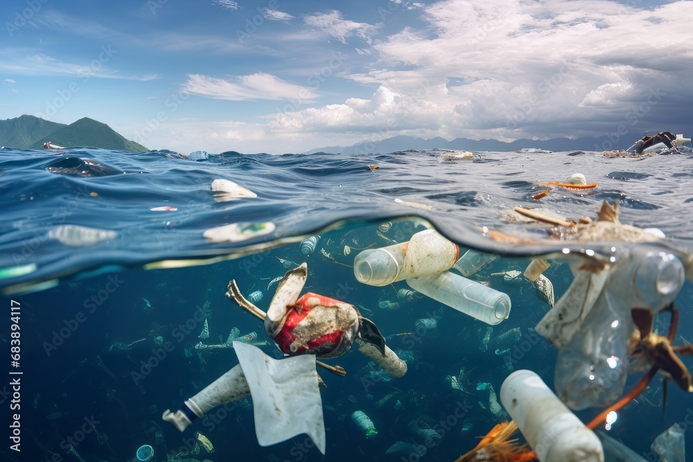 Vast ocean expanses polluted with floating plastic waste, depicting the