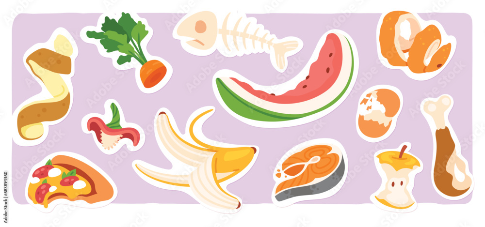 Naklejka premium Organic food remains waste garbage set. Orange, banana fruit skin, potato vegetable peel, fish bone scraps leftovers trash collection. Rubbish recycle, disposal, ecology flat vector illustration