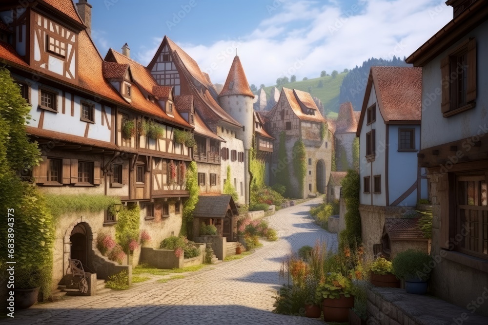Picturesque quaint European town with charming medieval houses, Generative AI