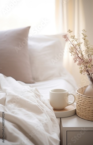 the bed is in soft tones with small baskets,