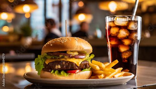 Cheeseburger with fries on plate and cola. Restaurant table photo