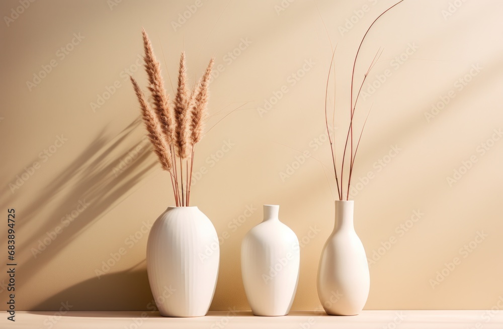 three tall white vases side by side with tufts of grass