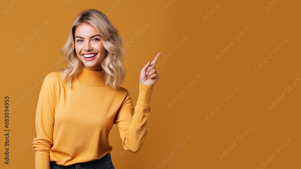 Happy blonde woman pointing her finger at copy space for promotion Happy blonde woman pointing her finger at copy space for promotion