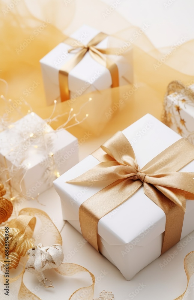 white christmas decorations and present packaging with ribbon on beige background white christmas decorations and present packaging with ribbon on beige background