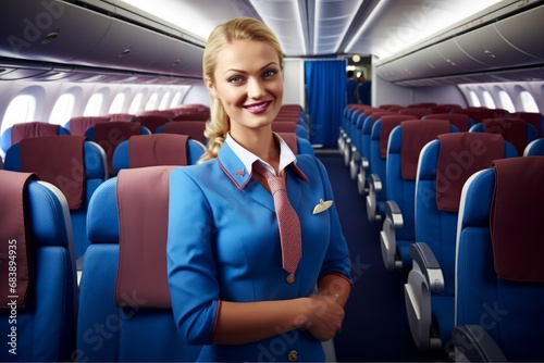Female flight attendant on empty economic class passenger seats. Generative AI