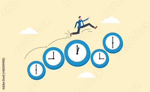 time management techniques. Manage time for rush. businessman running on group of time clocks.