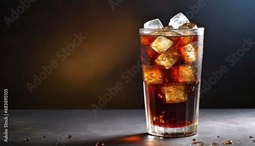 cola with ice cubes in tall glass on dark background