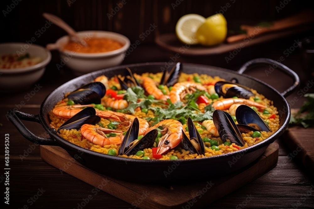 Delicious paella with prawns and mussels, Generative AI