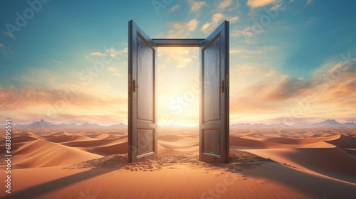 Opened door on desert. Unknown and start up concept. create using a generative ai tool 