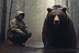 brown bear in the forest with a man
