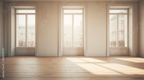 Window in empty room, old apartment building with parquet floor. create using a generative ai tool 