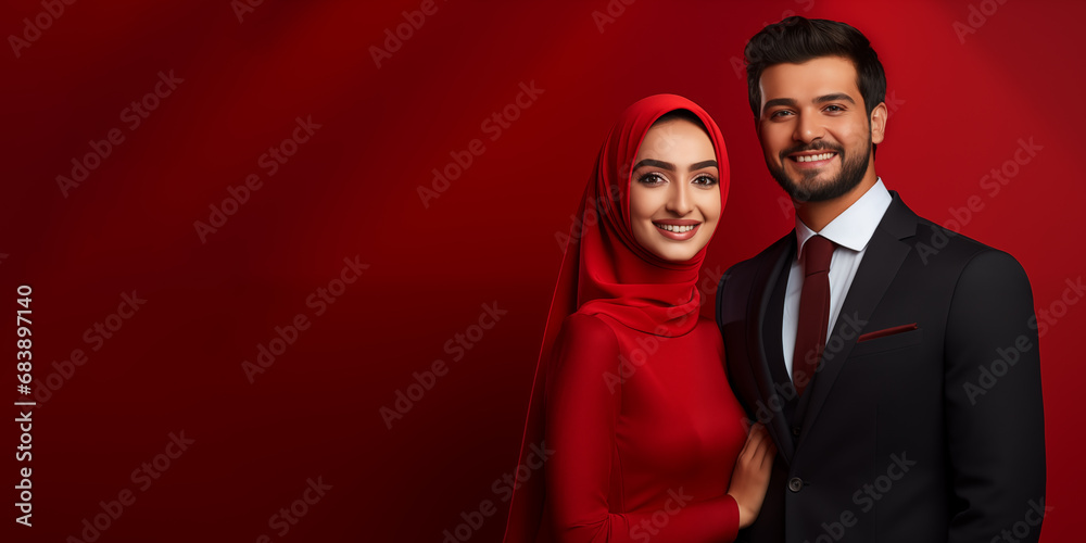 Muslim couple in traditional muslim clothing smiling looking at camera on red background, Joyful Muslim Couple Portrayal,Traditional Muslim Love, Radiant Smiles of Muslim Harmony. Generative AI