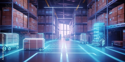 Smart warehouse with transporter robots and holographic dashboard. Generative AI photo