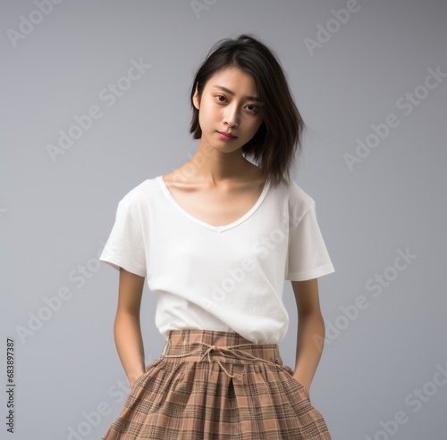 woman wearing white top and tanned plaid skirt