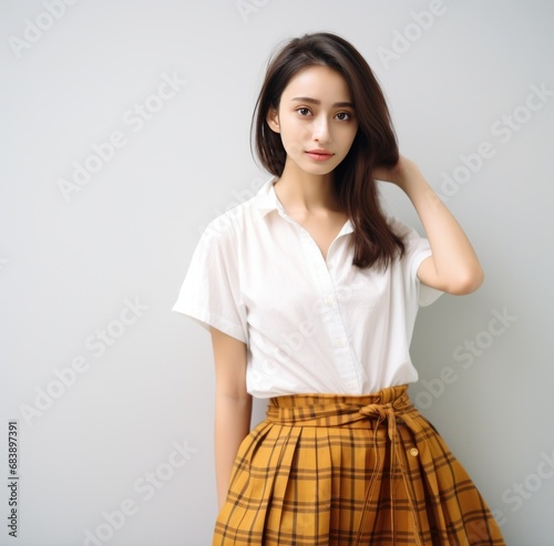 woman wearing white top and tanned plaid skirt