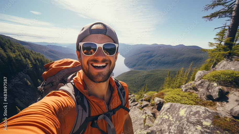 Hiker in the mountains taking a selfie Hiker in the mountains taking a selfie