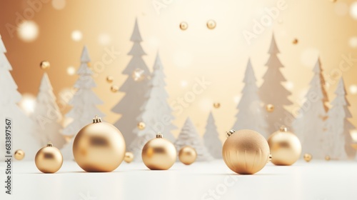 Christmas background with golden baubles and fir trees.