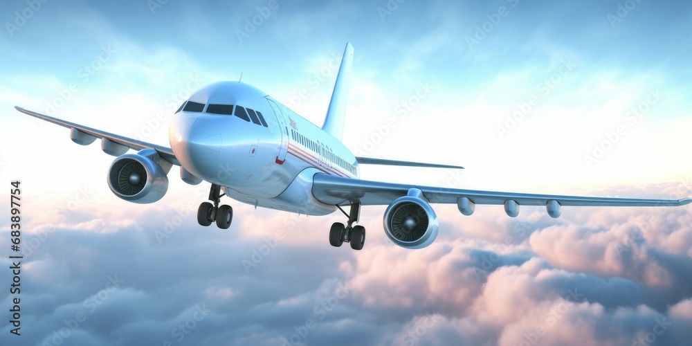 Flying airplane, plane, aircraft, fly, flying, airlines, travel, trip, transportation, vacations, isolated, holidays, clouds, cloudy, sky, skyscape, air, flight, aviation, Generative AI