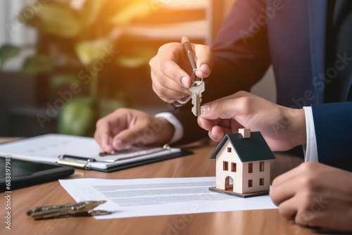 Real estate agent handing house key to buyer after signing rental least contract during house loan meeting. Successful property sale purchase agreement for new home ownership, Generative AI