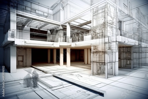 Architecture 3D and blueprints representation, Generative AI photo
