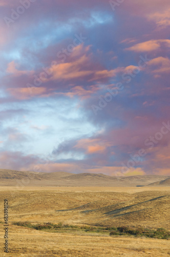 Steppe, prairie, plain, pampa. The golden hour gracefully colors the sky, casting a warm glow across the serene landscape as day turns to night. Fields Of Sunset Nature's Canvas