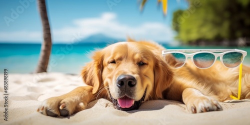 Golden Retriever dog is on summer vacation at seaside resort and relaxing rest on summer beach of Hawaii. Generative AI
