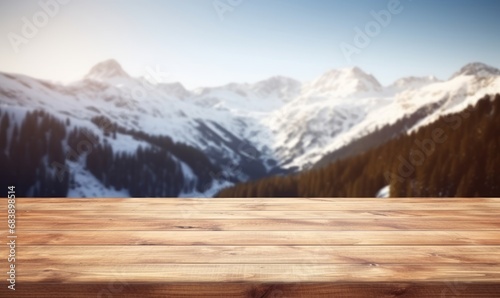The empty wooden table top with blur background of Alpine with snow capped, Generative AI
