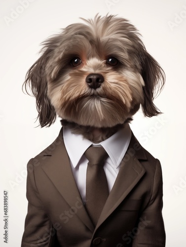 A cute and fluffy dog dressed as businessman