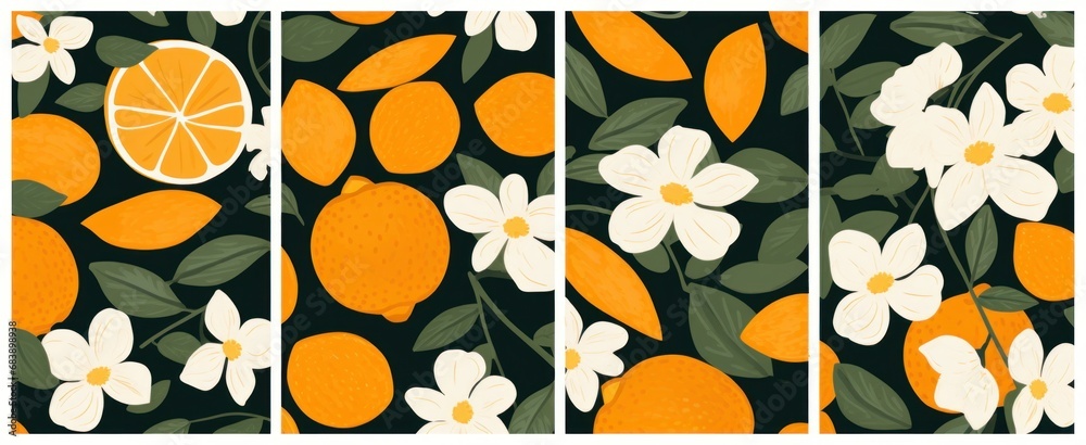 Artistic seamless pattern with abstract flowers and oranges, Generative AI