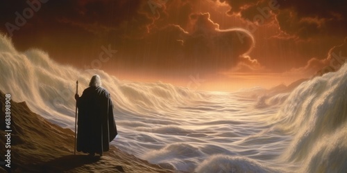 Moses opening the Red Sea in the Exodus part of the Bible, Generative AI photo
