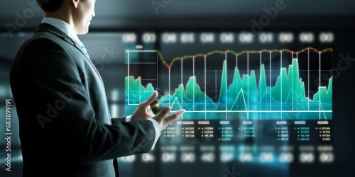 Businessman analyst working with digital finance business data graph showing technology of investment strategy for perceptive financial business decision. Digital economic analysis, Generative AI