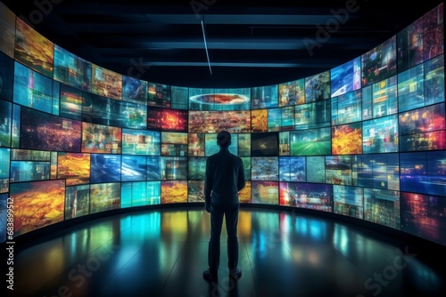 a person watching a video wall with multimedia images on different television screens, Generative AI