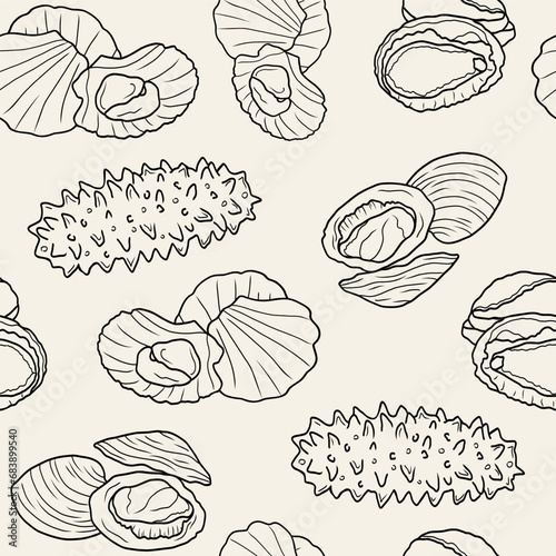 Line art seafood seamless pattern. Scallops, clams, sea cucumber, abalone photo