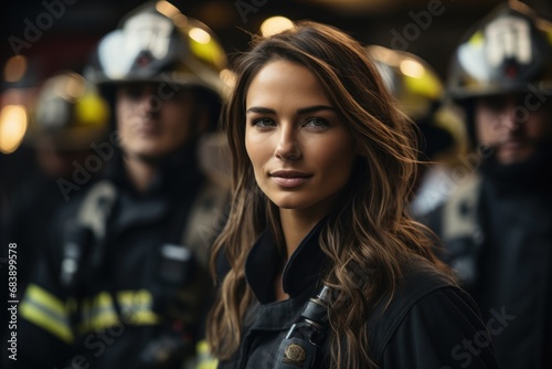 Firefighter woman in firefighter uniform in front of other firefighters