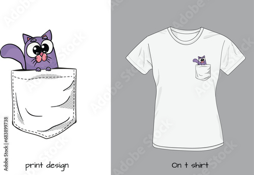 Funny violet cat in t shirt pocket. Cute animal in my pocket design, in my pocket, 