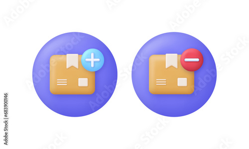 3D Delivery package illustration. Add or remove package. Shipping box and cardboard box. Shipping, transportation.